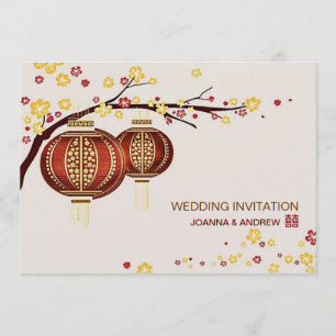 Invitation Golden Red Lanterns Cherry Tree Xi Mariage chinois