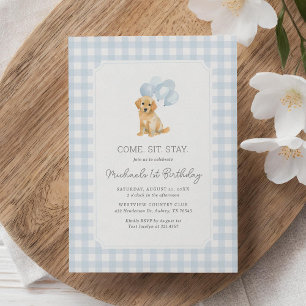 Invitation Golden Retriever Blue En vichy Anniversaire