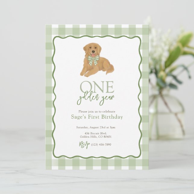 Invitation Golden Retriever un an d'or premier anniversaire (Debout devant)