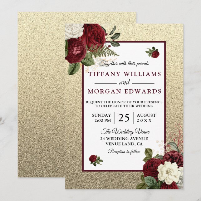 Invitation Golden Romantic Bourgogne Floral Wedding Invitatio (Devant / Derrière)