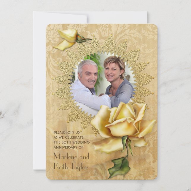 Invitation Golden Rose Damask 50e anniversaire de Mariage (Devant)