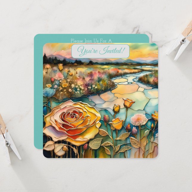 Invitation Golden Rose River Valley Sunrise Bride (Devant/Arrière en situation)