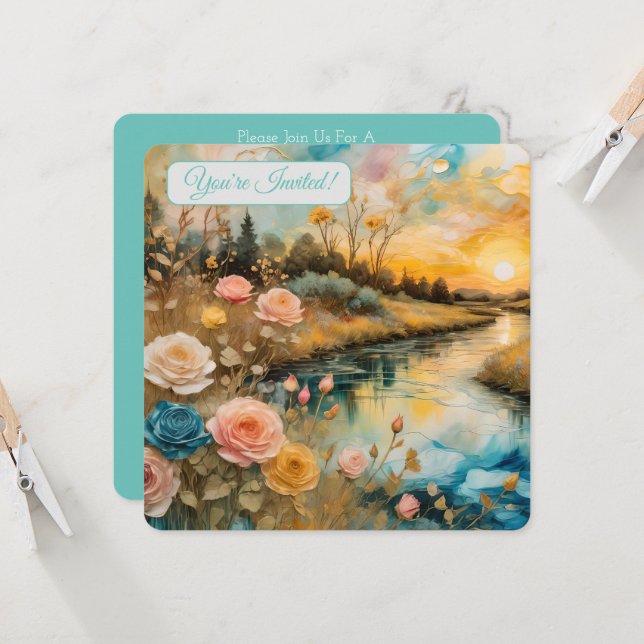 Invitation Golden Rose River Valley Sunrise Bride V (Devant/Arrière en situation)