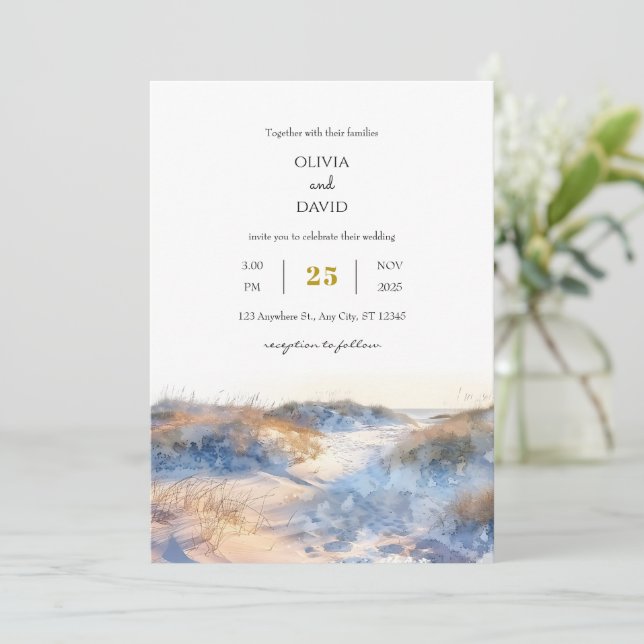Invitation Golden Sandy Coastal Dunes Sunrise Beach Mariage (Debout devant)