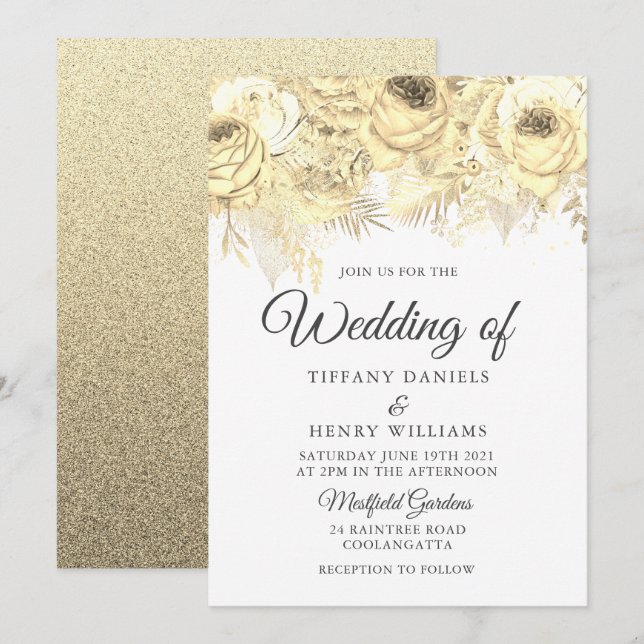 Invitation Golden Sparkle Floral Mariage élégant (Devant / Derrière)