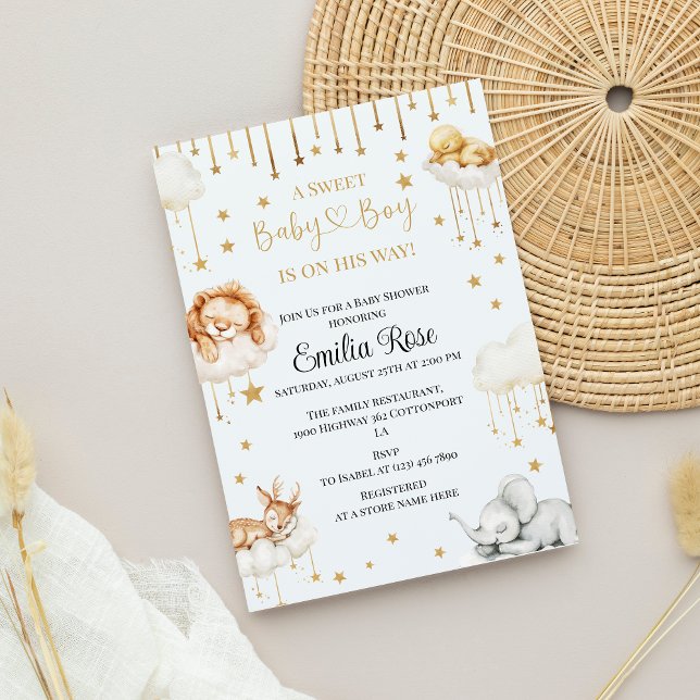 Invitation Golden Star Baby Boy Douche Sleeping Forêt animal (Créateur téléchargé)