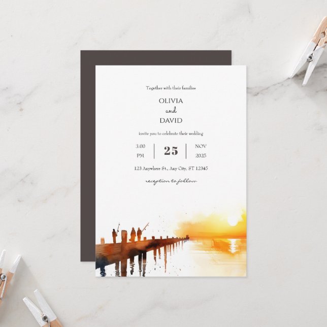 Invitation Golden Sundown Sky Pier Pêche Art Beach Mariage (Devant/Arrière en situation)