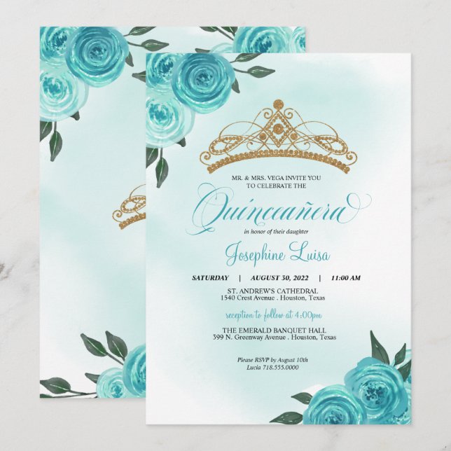 Invitation Golden Tiara Quinceañera Rose turquoise (Devant / Derrière)