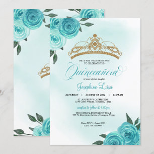 Invitation Golden Tiara Quinceañera Rose turquoise