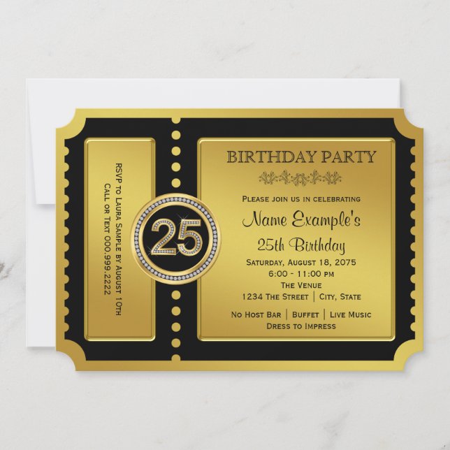 Invitation Golden Ticket 25e fête d'anniversaire (Devant)