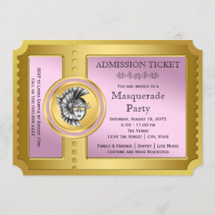 Invitation Golden Ticket Pink et Gold Masquerade Party