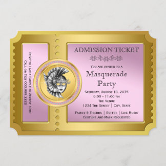 Invitation Golden Ticket Pink et Gold Masquerade Party