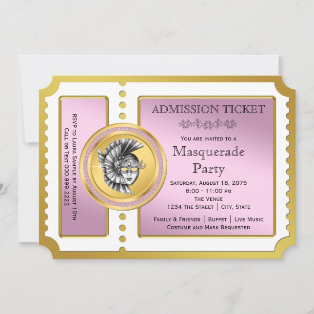 Invitation Golden Ticket Pink et Gold Masquerade Party (Devant)