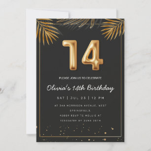 Invitation Golden Tropical Palm Feuilles 14e anniversaire Inv