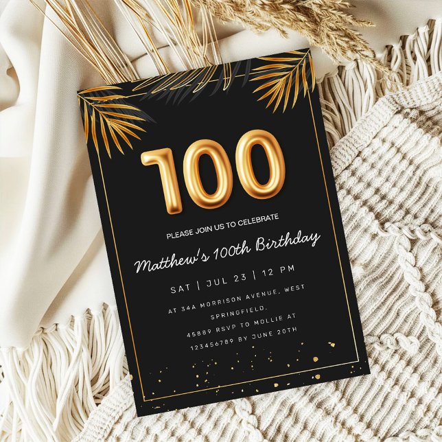 Invitation Golden Tropical Palm Leaves 100th Birthday  (Créateur téléchargé)