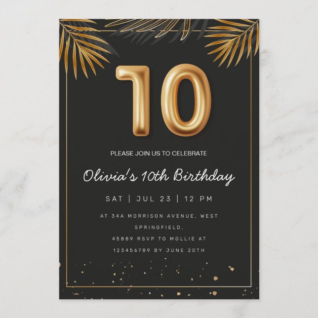 Invitation Golden Tropical Palm Leaves 10th Birthday  (Devant)