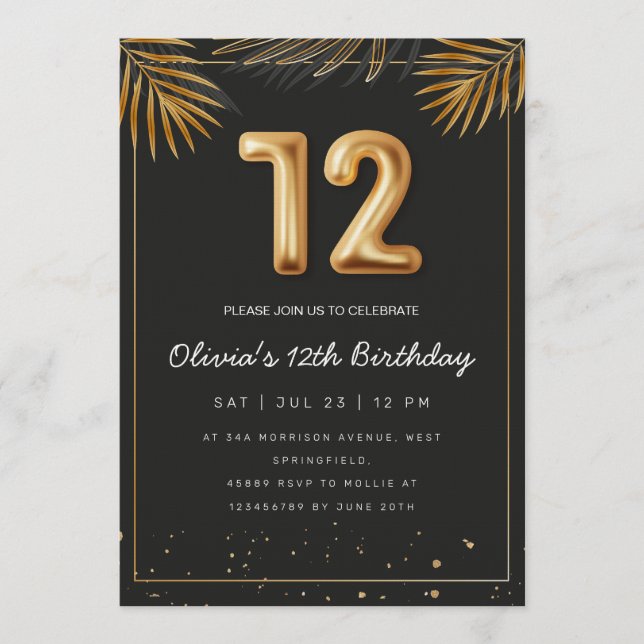 Invitation Golden Tropical Palm Leaves 12th Birthday  (Devant)