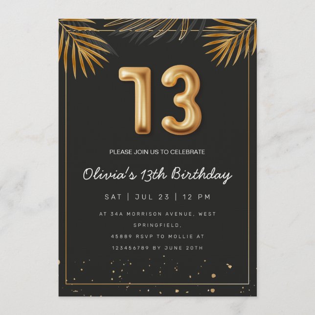 Invitation Golden Tropical Palm Leaves 13th Birthday  (Devant)
