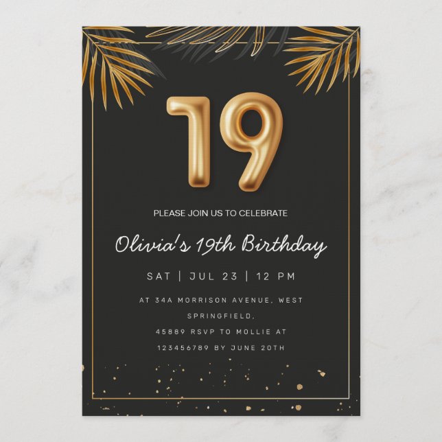 Invitation Golden Tropical Palm Leaves 19th Birthday  (Devant)