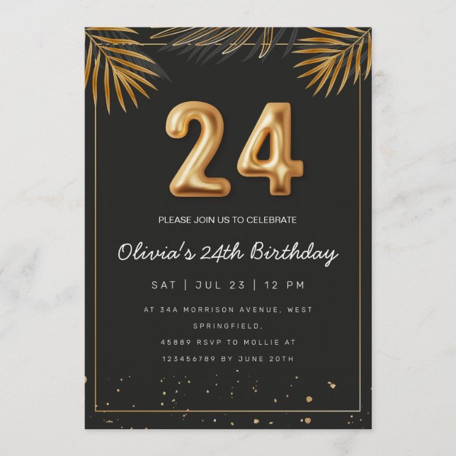 Invitation Golden Tropical Palm Leaves 24th Birthday  (Devant)