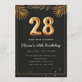 Invitation Golden Tropical Palm Leaves 28th Birthday 