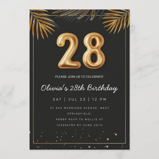 Invitation Golden Tropical Palm Leaves 28th Birthday  (Devant)