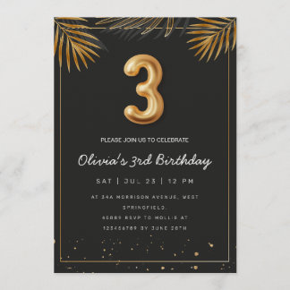 Invitation  Golden Tropical Palm Leaves 3rd Birthday 