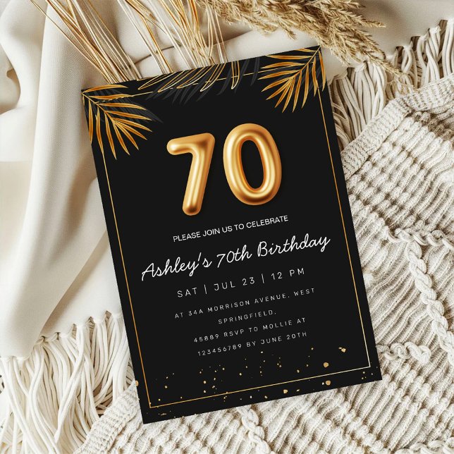 Invitation Golden Tropical Palm Leaves 70th Birthday  (Créateur téléchargé)