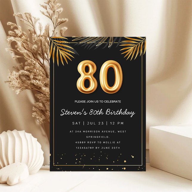 Invitation Golden Tropical Palm Leaves 80th Birthday  (Créateur téléchargé)