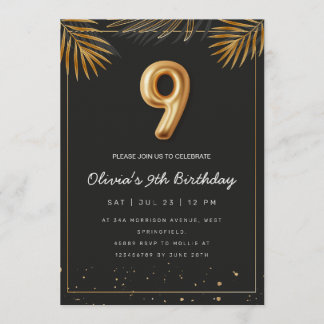 Invitation Golden Tropical Palm Leaves 9th Birthday 
