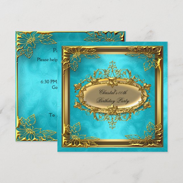 Invitation Golden Turquoise Elite Élégante fête d'anniversair (Devant / Derrière)
