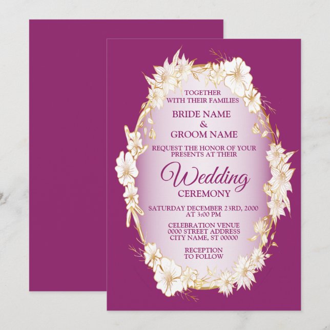 Invitation Golden White Floral Pink Geometric Rustic Wedding (Devant / Derrière)