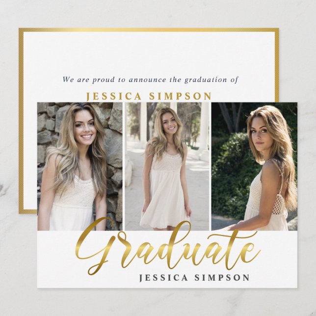 Invitation Golden White Modern 3 PHOTO Graduation Party (Devant / Derrière)