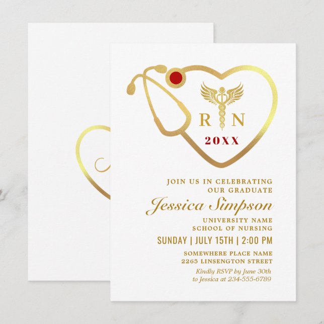Invitation Golden White Modern Nursing School Graduation (Devant / Derrière)