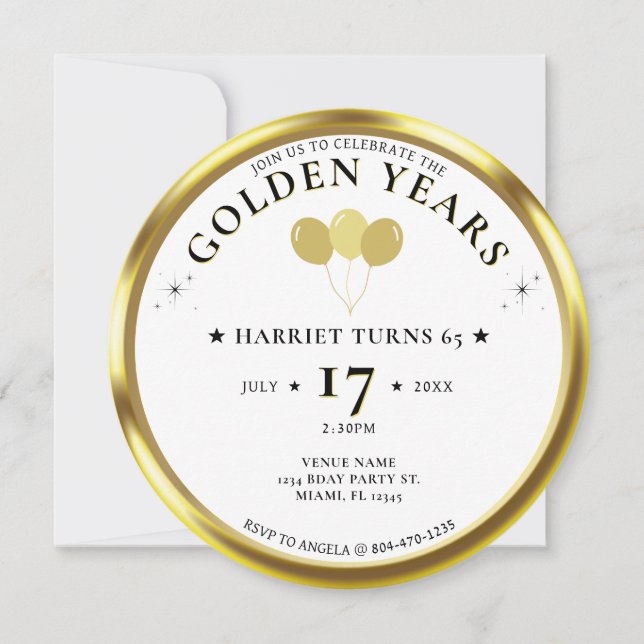 Invitation Golden Years Gold Coin Photo 65e fête d'anniversai (Devant)