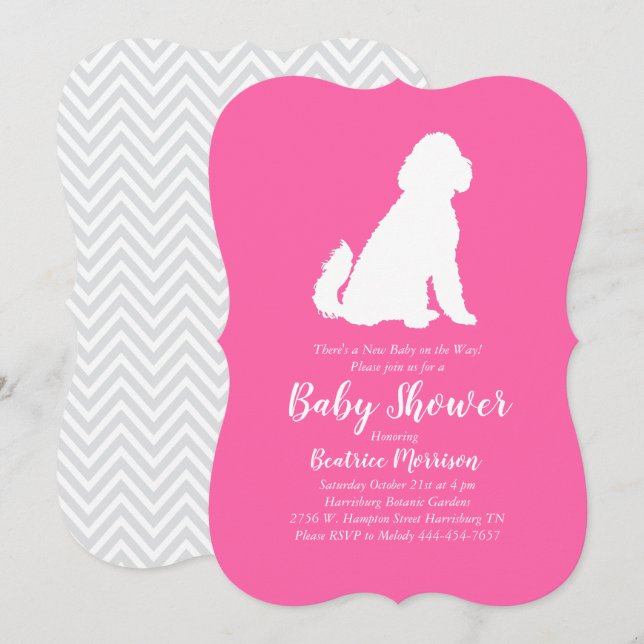 Invitation Goldendoodle chien Baby shower fille rose (Devant / Derrière)