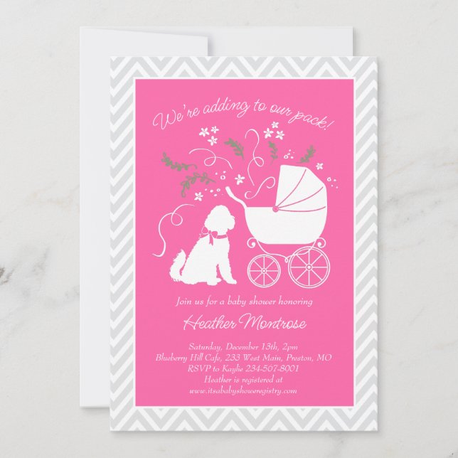 Invitation Goldendoodle chien Baby shower fille rose (Devant)
