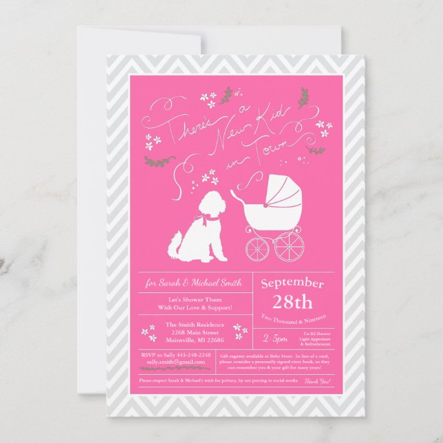 Invitation Goldendoodle chien Baby shower fille rose (Devant)