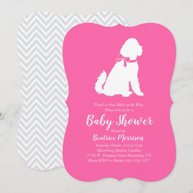 Invitation Goldendoodle chien Baby shower fille rose (Devant / Derrière)
