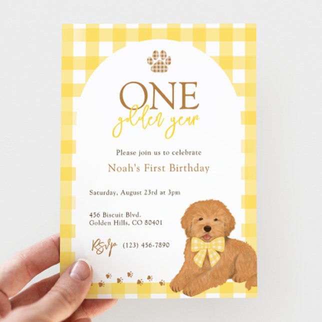 Invitation Goldendoodle Yellow Gingham First Birthday (Créateur téléchargé)