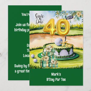 Invitation Golf 40e anniversaire avec gâteau sur le terrain d