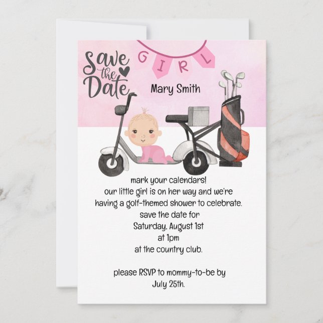 Invitation Golf Baby Girl Baby shower sur rose enregistrer la (Devant)