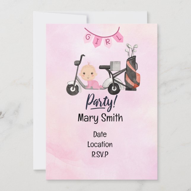 Invitation Golf Baby Girl pour Baby shower sur rose (Devant)