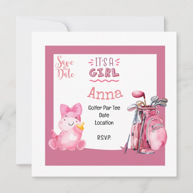 Invitation Golf c'est fille baby shower thème rose pour golfe (Devant)