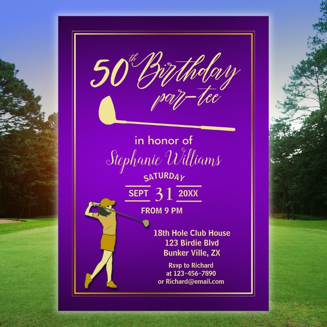 Invitation Golf Classic Purple Golden Woman's 50th Birthday (Créateur téléchargé)