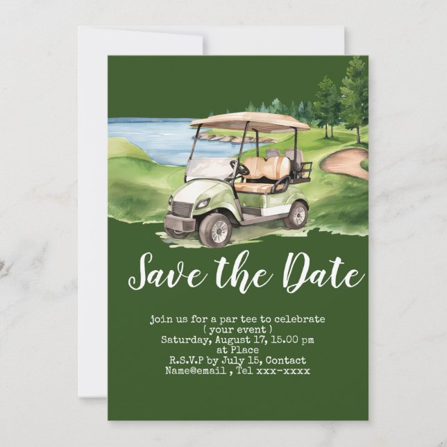 Invitation Golf économiser la date avec voiturette de golf (Devant)