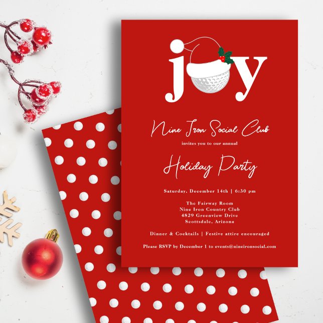 Invitation Golf Festive Holiday Party Joy Typography Red  (Golf meets holiday cheer in bold red and white. Customizable text for your club or event.)