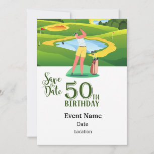 Invitation Golf Party 50e anniversaire Save Date femme golfer