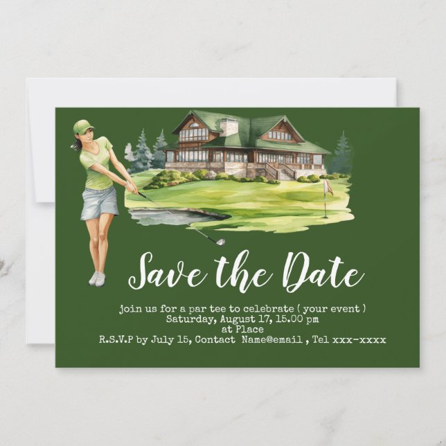 Invitation Golf sauver la date avec la femme golfer (Devant)