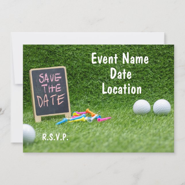 Invitation Golf Sauvez la date avec signe et balle de golf et (Devant)